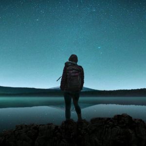 lake, traveler, night sky